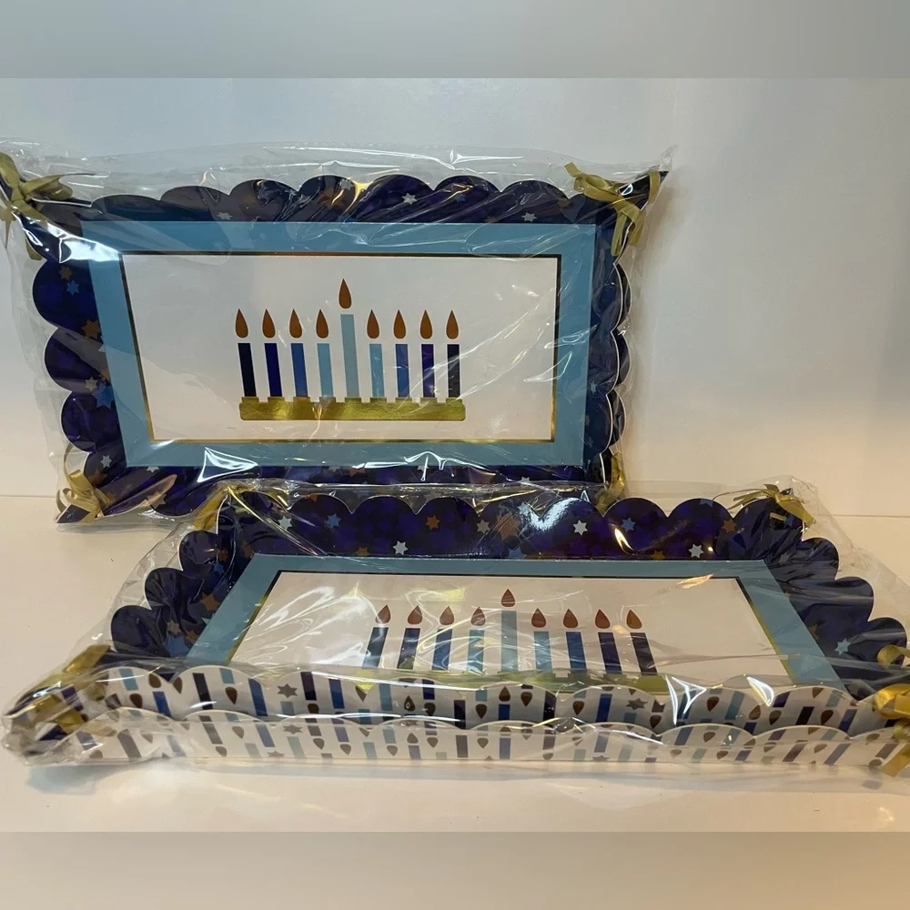 Hanukkah Party 13”x 8” Serving Trays, Blue & Gold, Party Tray,4 Disposable Trays